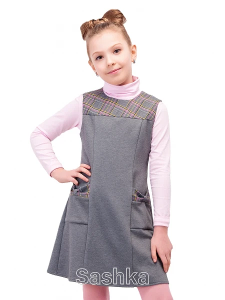 Сарафан для дівчинки Sashka шкільний трикотажний сіро-рожева клітинка, розмір 116-146